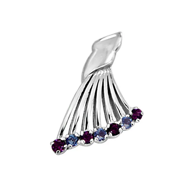 Queen's Wing Blue Topaz, Pink Rhodolite & 925 Sterling Silver Fan Shaped Pendant with 18 IN Chain (SDP413)