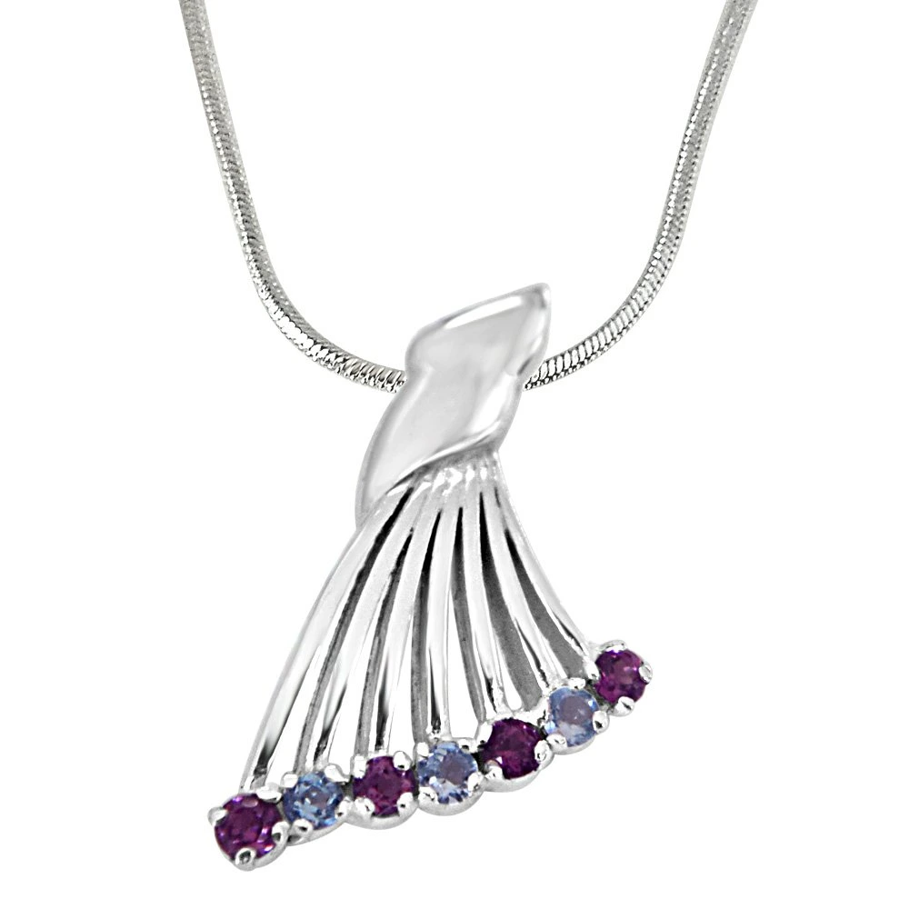 Queen's Wing Blue Topaz, Pink Rhodolite & 925 Sterling Silver Fan Shaped Pendant with 18 IN Chain (SDP413)