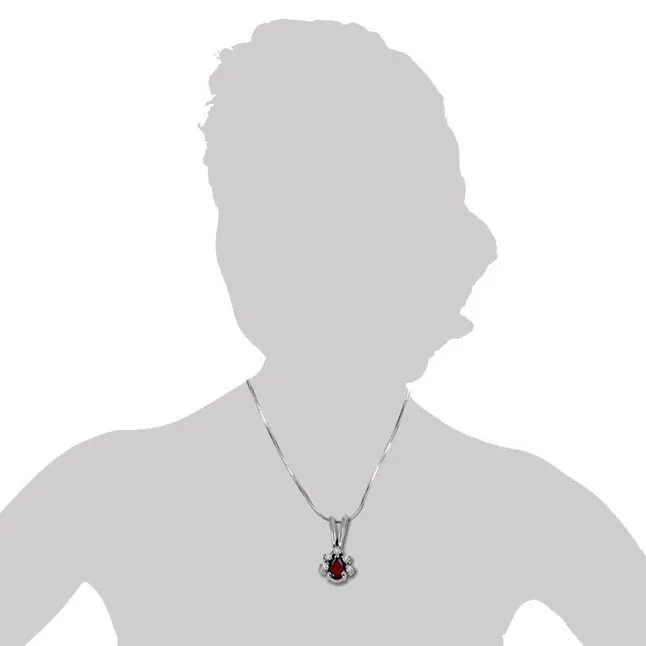 Trendy Red Pear Garnet, White Topaz and 925 Sterling Silver Pendant with 18 IN Chain (SDP415)