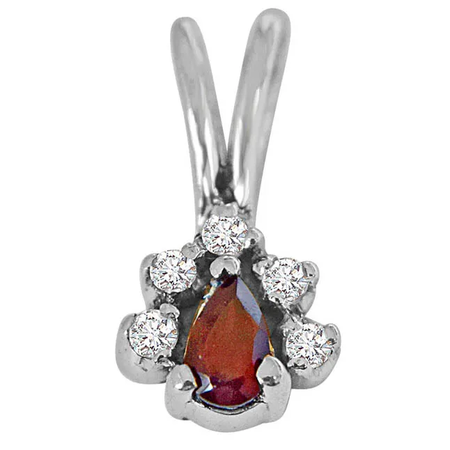 Trendy Red Pear Garnet, White Topaz and 925 Sterling Silver Pendant with 18 IN Chain (SDP415)