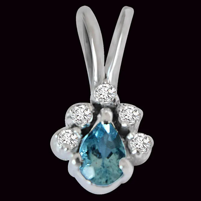 Trendy Pear Shaped Blue Topaz, Round White Topaz and 925 Sterling Silver Pendant with 18 IN Chain (SDP417)