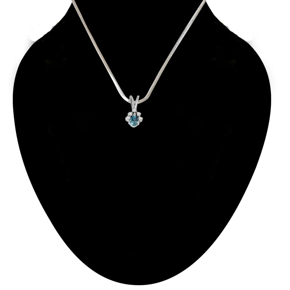 Trendy Pear Shaped Blue Topaz, Round White Topaz and 925 Sterling Silver Pendant with 18 IN Chain (SDP417)