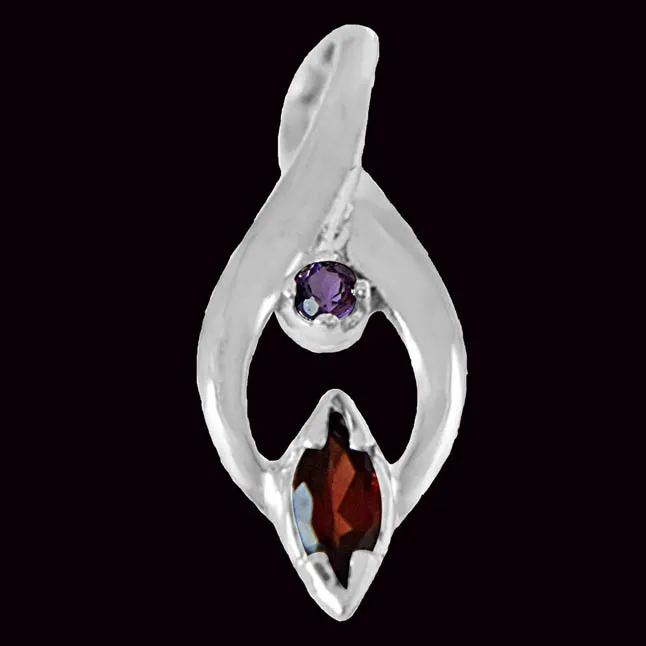 Trendy Marquise Shaped Red Garnet, Round Purple Amethyst and 925 Sterling Silver Pendant with 18 IN Chain (SDP418)