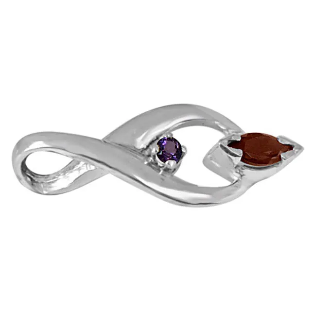 Trendy Marquise Shaped Red Garnet, Round Purple Amethyst and 925 Sterling Silver Pendant with 18 IN Chain (SDP418)