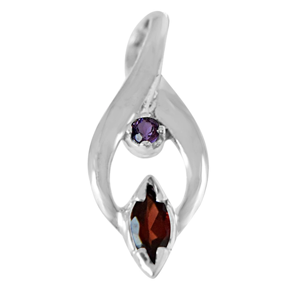 Trendy Marquise Shaped Red Garnet, Round Purple Amethyst and 925 Sterling Silver Pendant with 18 IN Chain (SDP418)