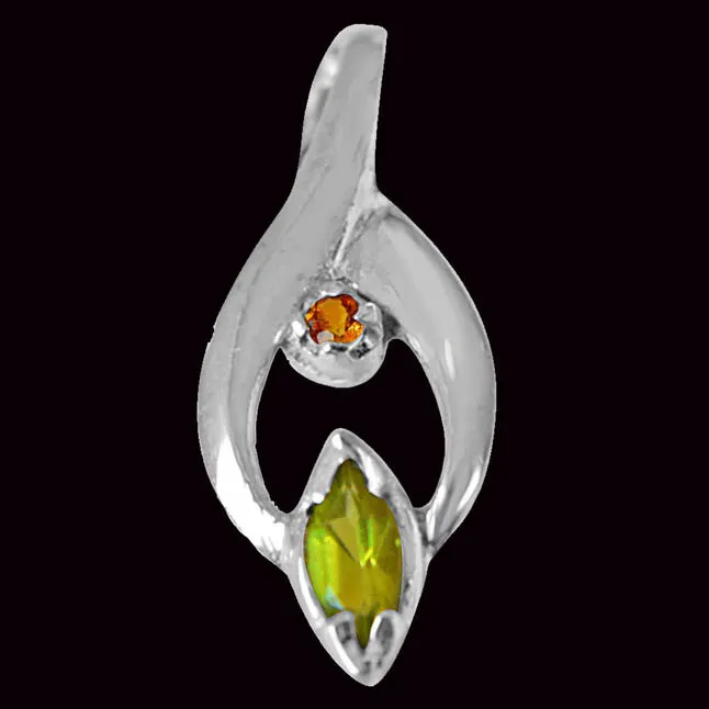 Trendy Marquise Shaped Green Peridot, Round Citrine and 925 Sterling Silver Pendant with 18 IN Chain (SDP419)