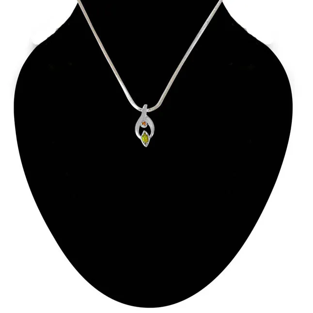 Trendy Marquise Shaped Green Peridot, Round Citrine and 925 Sterling Silver Pendant with 18 IN Chain (SDP419)