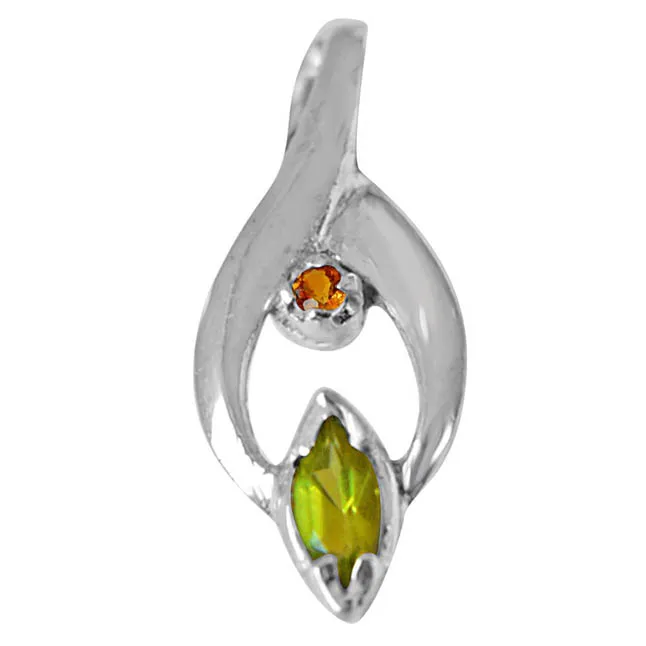 Trendy Marquise Shaped Green Peridot, Round Citrine and 925 Sterling Silver Pendant with 18 IN Chain (SDP419)