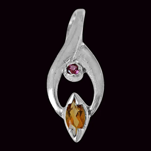 Trendy Marquise Shaped Golden Topaz, Round Pink Garnet and 925 Sterling Silver Pendant with 18 IN Chain (SDP420)