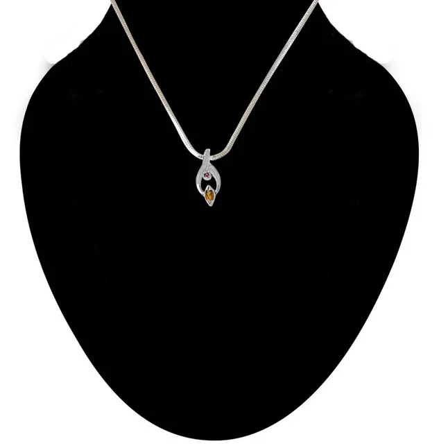 Trendy Marquise Shaped Golden Topaz, Round Pink Garnet and 925 Sterling Silver Pendant with 18 IN Chain (SDP420)