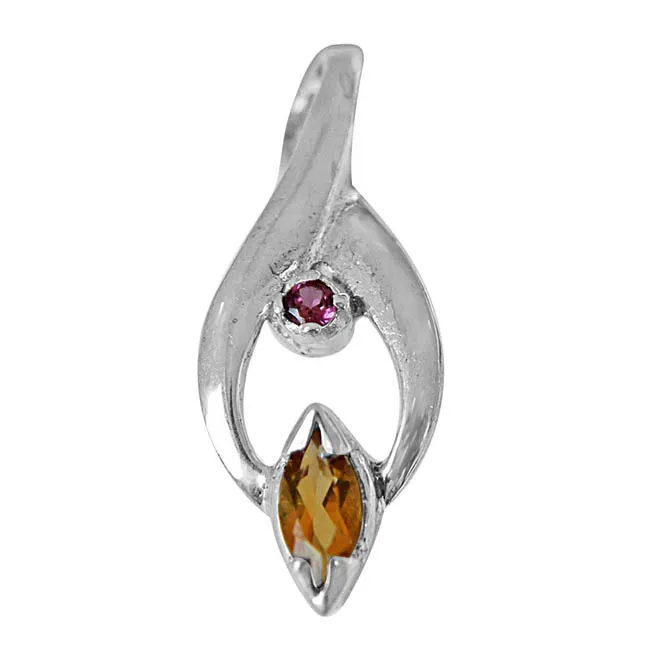 Trendy Marquise Shaped Golden Topaz, Round Pink Garnet and 925 Sterling Silver Pendant with 18 IN Chain (SDP420)