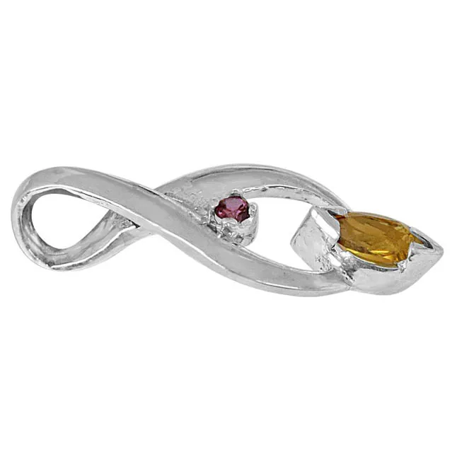 Trendy Marquise Shaped Golden Topaz, Round Pink Garnet and 925 Sterling Silver Pendant with 18 IN Chain (SDP420)