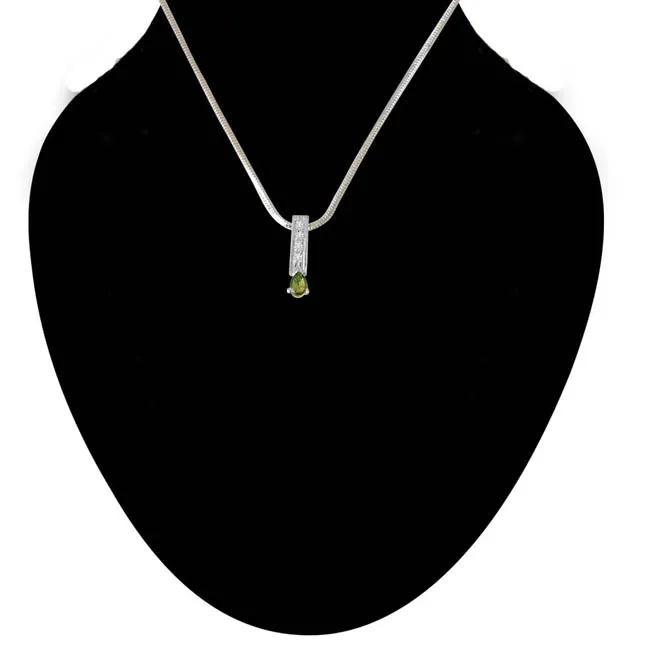 Trendy Pear Shaped Green Tourmaline, Round White Topaz and 925 Sterling Silver Pendant with 18 IN Chain (SDP422)