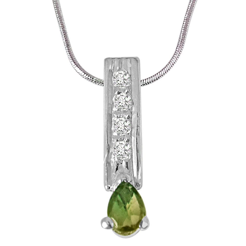 Trendy Pear Shaped Green Tourmaline, Round White Topaz and 925 Sterling Silver Pendant with 18 IN Chain (SDP422)