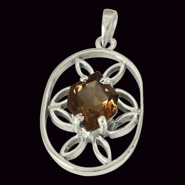Hexagon Shaped 19.00 cts Smoky Topaz 925 Sterling Silver Pendant with 18 IN Chain (SDP427)