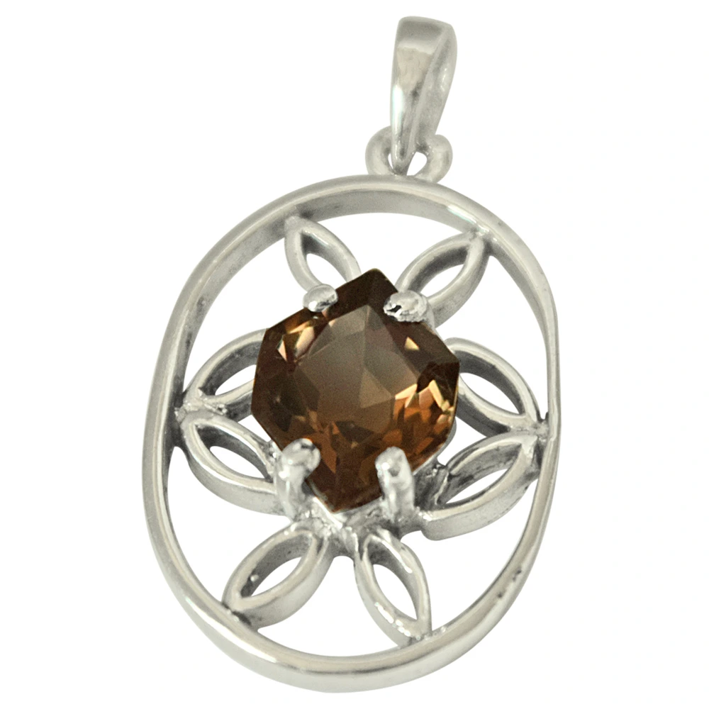 Hexagon Shaped 19.00 cts Smoky Topaz 925 Sterling Silver Pendant with 18 IN Chain (SDP427)