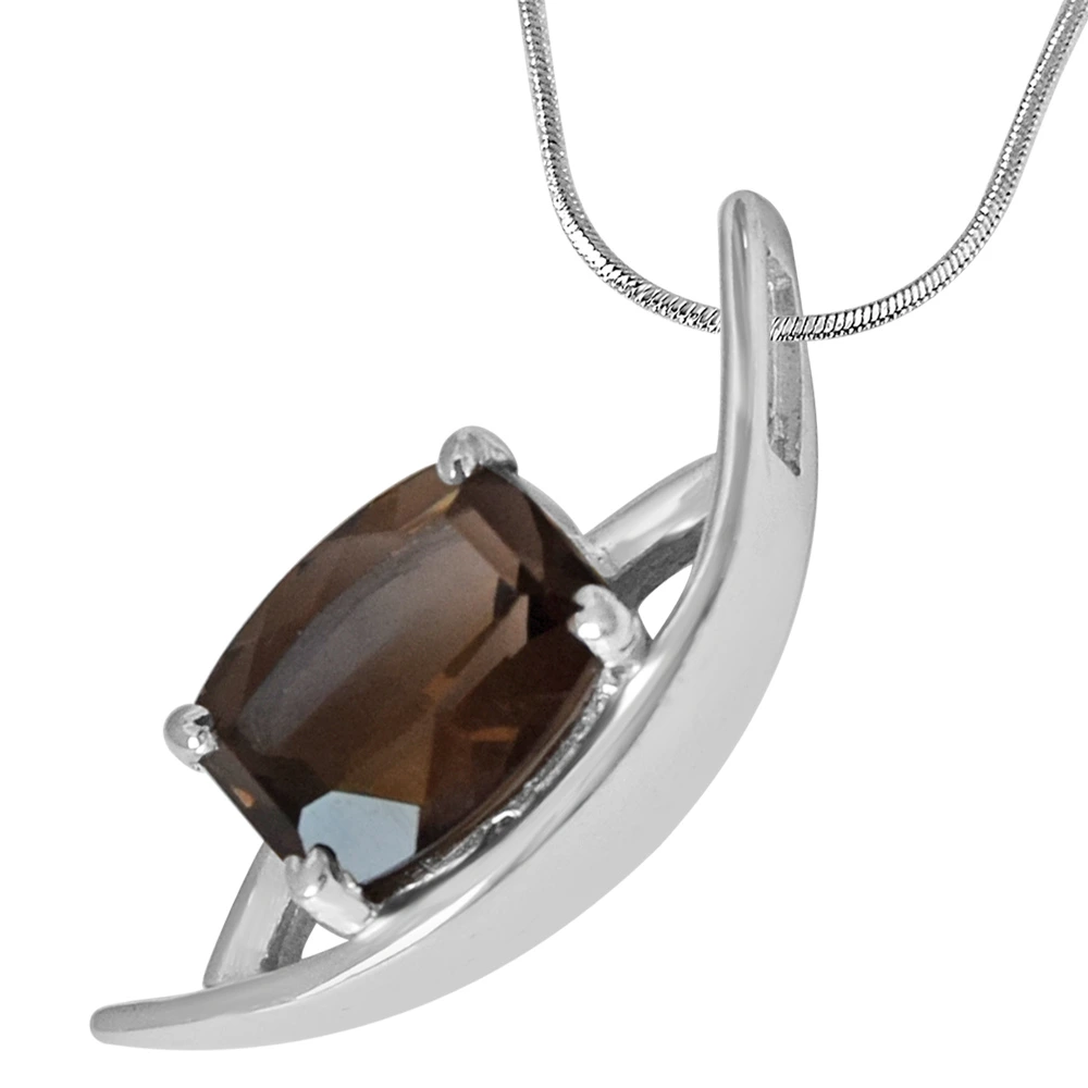 Rectangular Shaped 2.77 cts Smoky Topaz 925 Sterling Silver Pendant with 18 IN Chain (SDP432)