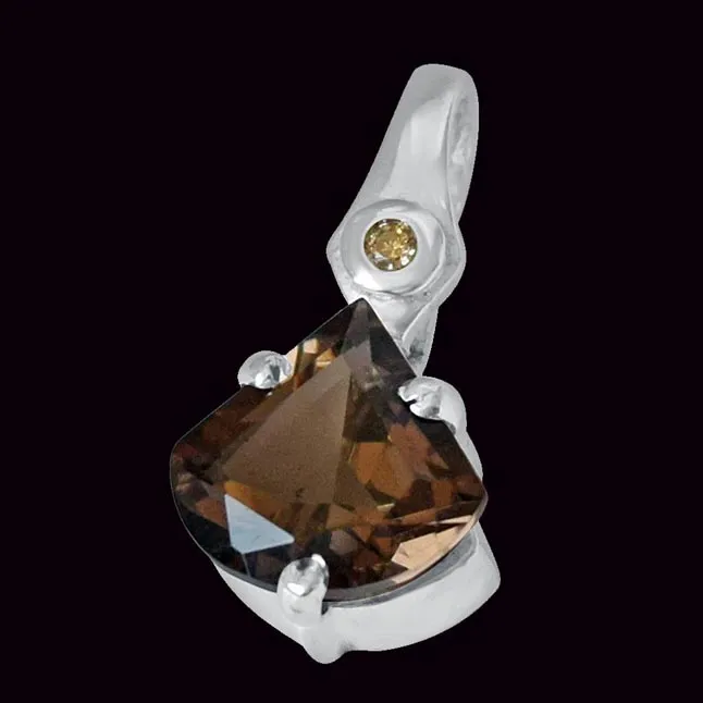 Unique Shaped 2.67 cts Smoky Topaz & Real Diamond 925 Silver Pendant with 18 IN Chain (SDP433)