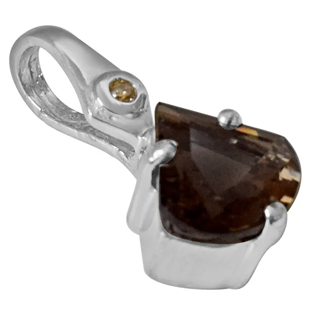 Unique Shaped 2.67 cts Smoky Topaz & Real Diamond 925 Silver Pendant with 18 IN Chain (SDP433)