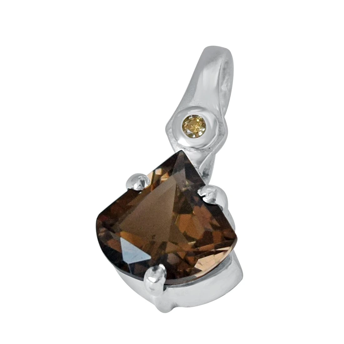 Unique Shaped 2.67 cts Smoky Topaz & Real Diamond 925 Silver Pendant with 18 IN Chain (SDP433)