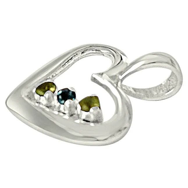 Elegant Heart Shaped Blue Topaz, Green Peridot and 925 Sterling Silver Pendant with 18 IN Chain (SDP441)