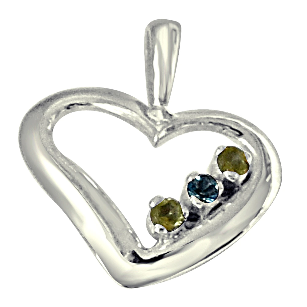 Elegant Heart Shaped Blue Topaz, Green Peridot and 925 Sterling Silver Pendant with 18 IN Chain (SDP441)