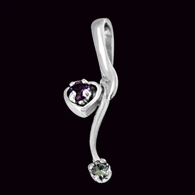 Heart Shaped Blue Topaz, Purple Amethyst and 925 Sterling Silver Pendant with 18 IN Chain (SDP442)