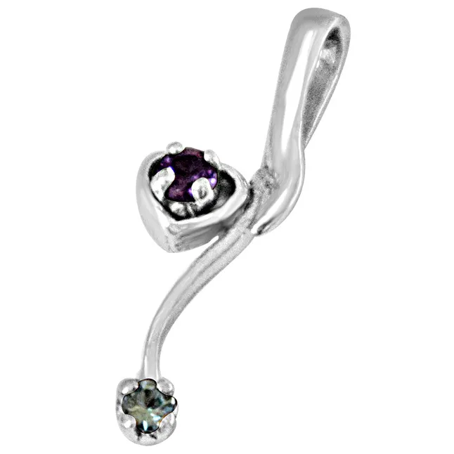 Heart Shaped Blue Topaz, Purple Amethyst and 925 Sterling Silver Pendant with 18 IN Chain (SDP442)