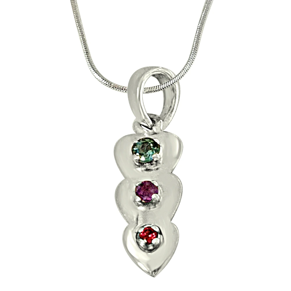 Drop Shaped Blue Topaz, Purple Amethyst, Rhodolite and 925 Sterling Silver Pendant with 18 IN Chain (SDP443)