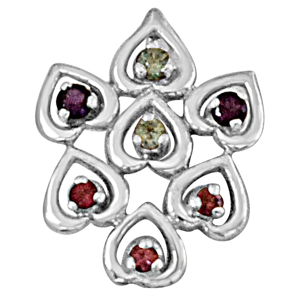 Sweet Hearts Blue Topaz, Purple Amethyst, Pink Rhodolite and 925 Sterling Silver Pendant with 18 IN Chain (SDP445)