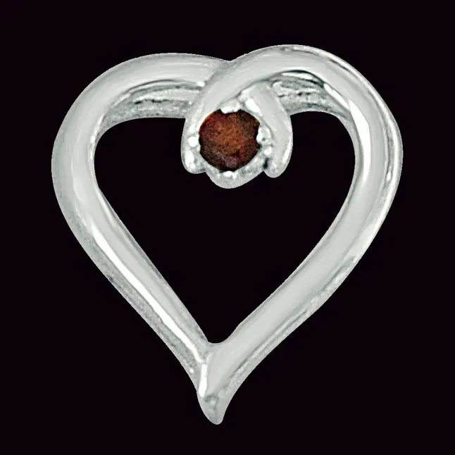 Simple Heart Shaped Red Garnet and 925 Sterling Silver Pendant with 18 IN Chain (SDP447)