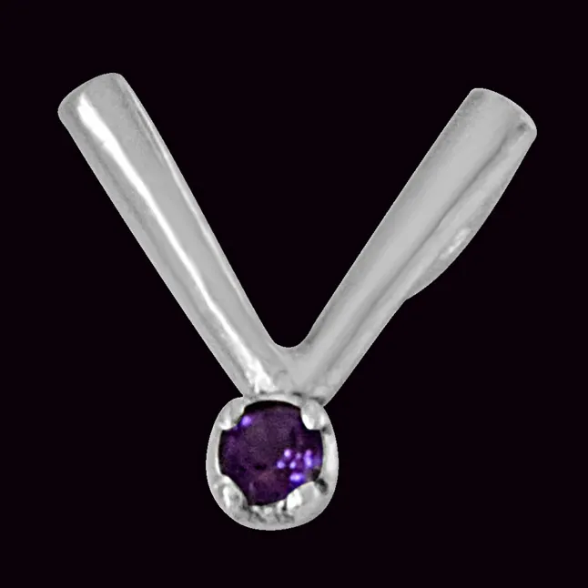 "V" Shaped Purple Amethyst and 925 Sterling Silver Pendant with 18 IN Chain (SDP451)