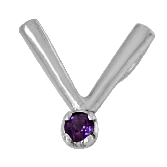 "V" Shaped Purple Amethyst and 925 Sterling Silver Pendant with 18 IN Chain (SDP451)