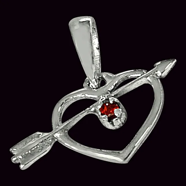 Cupid's Heart Shaped Red Garnet and 925 Sterling Silver Pendant with 18 IN Chain (SDP459)