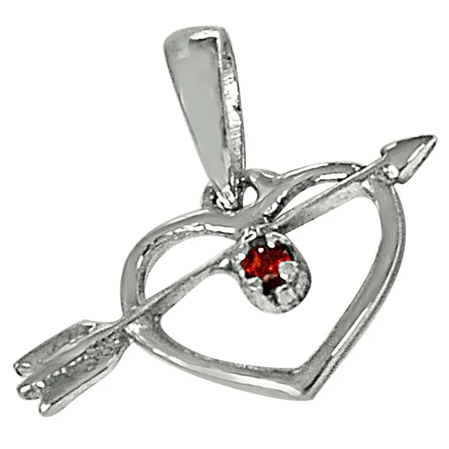 Cupid's Heart Shaped Red Garnet and 925 Sterling Silver Pendant with 18 IN Chain (SDP459)