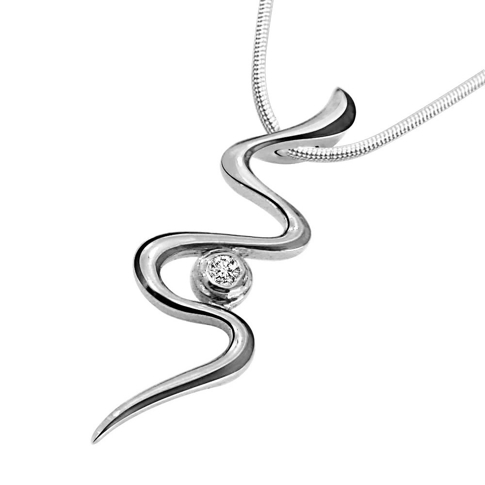 Twisty Silver - Real Diamond & Sterling Silver Pendant with 18 IN Chain (SDP46)