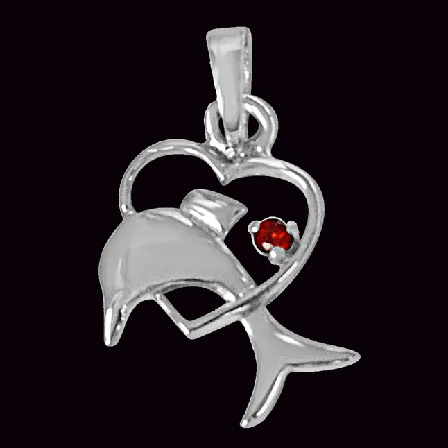 Dolphin Heart Red Garnet & 925 Sterling Silver Pendant with 18 IN Chain (SDP461)