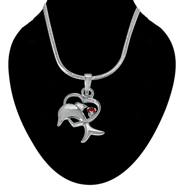 Dolphin Heart Red Garnet & 925 Sterling Silver Pendant with 18 IN Chain (SDP461)