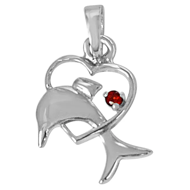 Dolphin Heart Red Garnet & 925 Sterling Silver Pendant with 18 IN Chain (SDP461)