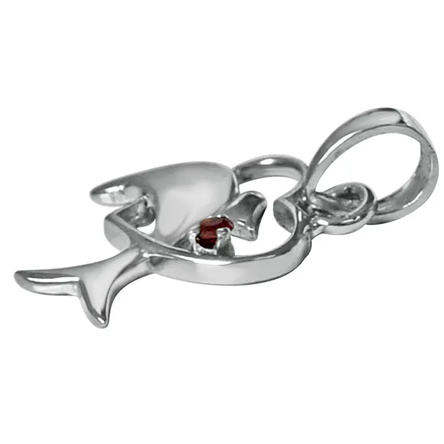 Dolphin Heart Red Garnet & 925 Sterling Silver Pendant with 18 IN Chain (SDP461)