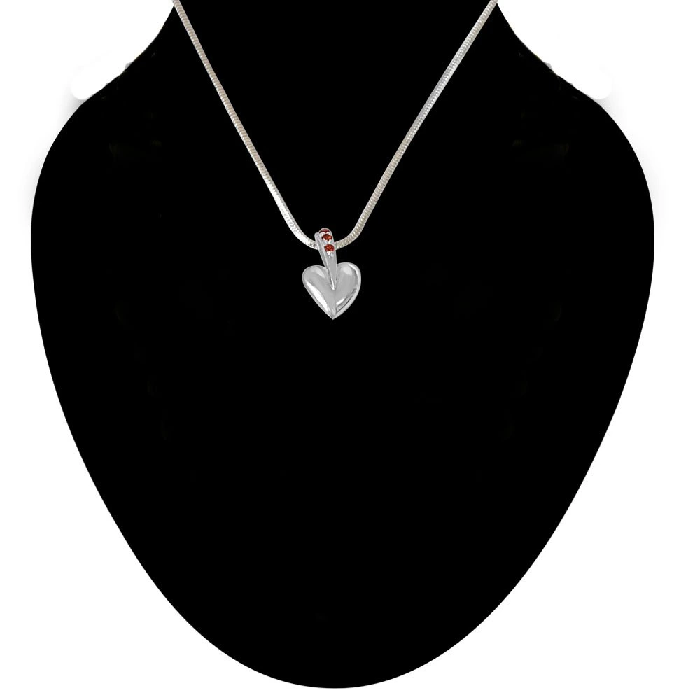Trendy Heart Red Garnet & 925 Sterling Silver Pendant with 18 IN Chain (SDP464)