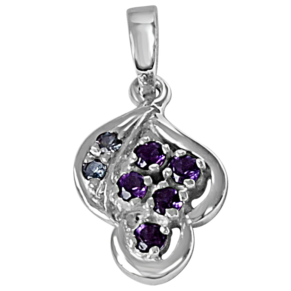 Floral Shaped Purple Amethyst & Blue Topaz and 925 Sterling Silver Pendant with 18 IN Chain (SDP465)