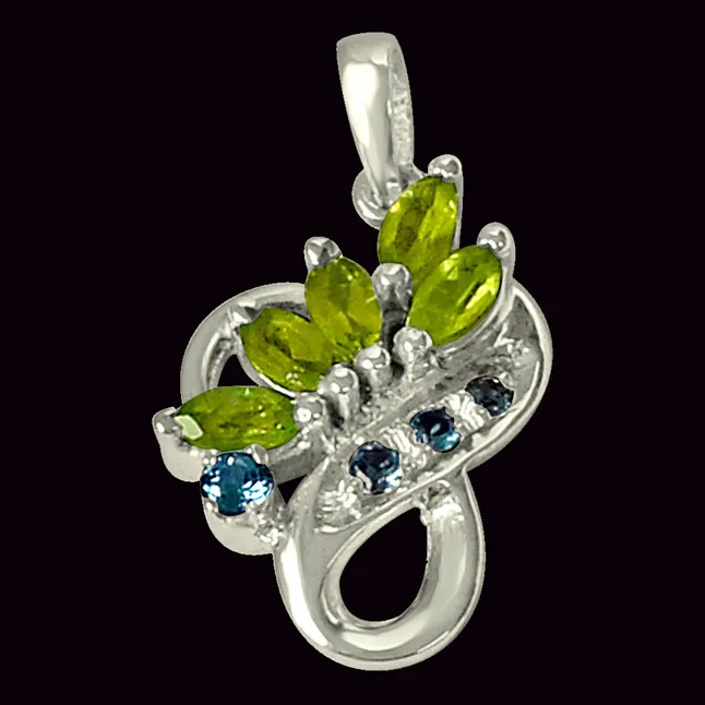 Floral Shaped Green Peridot Blue Topaz & 925 Sterling Silver Pendant with 18 IN Chain (SDP469)