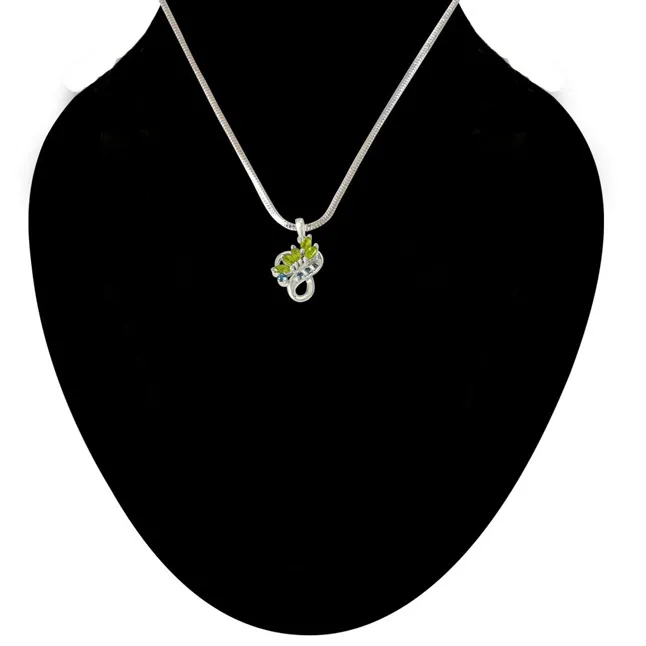 Floral Shaped Green Peridot Blue Topaz & 925 Sterling Silver Pendant with 18 IN Chain (SDP469)