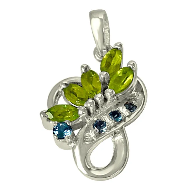 Floral Shaped Green Peridot Blue Topaz & 925 Sterling Silver Pendant with 18 IN Chain (SDP469)