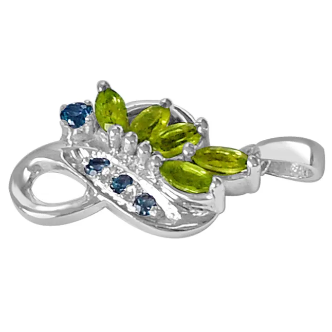 Floral Shaped Green Peridot Blue Topaz & 925 Sterling Silver Pendant with 18 IN Chain (SDP469)