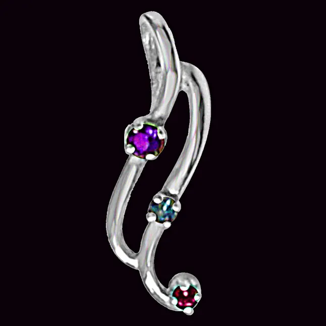 Curvy Blue Topaz, Amethyst Rhodolite & 925 Sterling Silver Pendant with 18 IN Chain (SDP472)