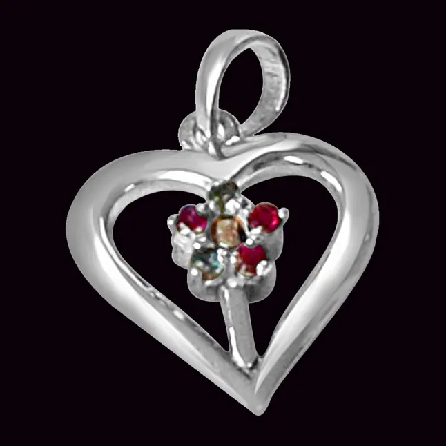 Floral Heart Blue Topaz, Pink Rhodolite & 925 Sterling Silver Pendant with 18 IN Chain (SDP473)