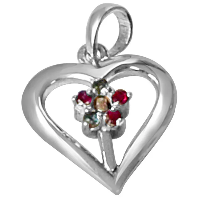 Floral Heart Blue Topaz, Pink Rhodolite & 925 Sterling Silver Pendant with 18 IN Chain (SDP473)