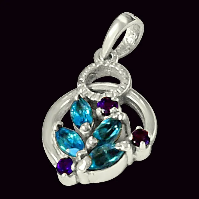 Floral Shaped Blue Topaz, Purple Amethyst & 925 Sterling Silver Pendant with 18 IN Chain (SDP474)
